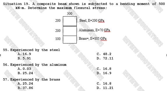 1
Situation 19. A composite beam shown is subjected to a bending moment of 500
kN-m. Determine the maximum flexural stress;
300
VIEW INNOVATIONS
200
200
100
55. Experienced by the steel
56. Experienced by the aluminum
A. 0.03
B. 25.24
57. Experienced by the brass
A. 25.24
B. 37.86
REVIEW I
EW INNOVATIONS
Steel, E=200 GPa
Aluminum, E=70 GPa
Brass, E-105 GPa
wwwww
C. 48.2
D. 72.11
C. 16.8
C. 16.8
D. 11.21
VIEW INNOVATIONS
REVIEW INNOVATIONS
REVIEW IS