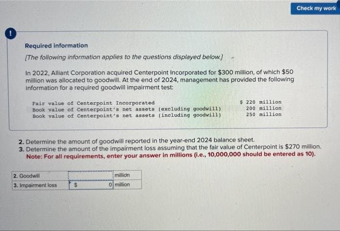 Required information
[The following information applies to the questions displayed below.]
In 2022, Alliant Corporation acquired Centerpoint Incorporated for $300 million, of which $50
million was allocated to goodwill. At the end of 2024, management has provided the following
information for a required goodwill impairment test:
Fair value of Centerpoint Incorporated
Book value of Centerpoint's net assets (excluding goodwill)
Book value of Centerpoint's net assets (including goodwill)
2. Goodwill
3. Impairment loss
2. Determine the amount of goodwill reported in the year-end 2024 balance sheet.
3. Determine the amount of the impairment loss assuming that the fair value of Centerpoint is $270 million.
Note: For all requirements, enter your answer in millions (i.e., 10,000,000 should be entered as 10).
$
$ 220 million.
200 million
250 million
million
0 million
Check my work