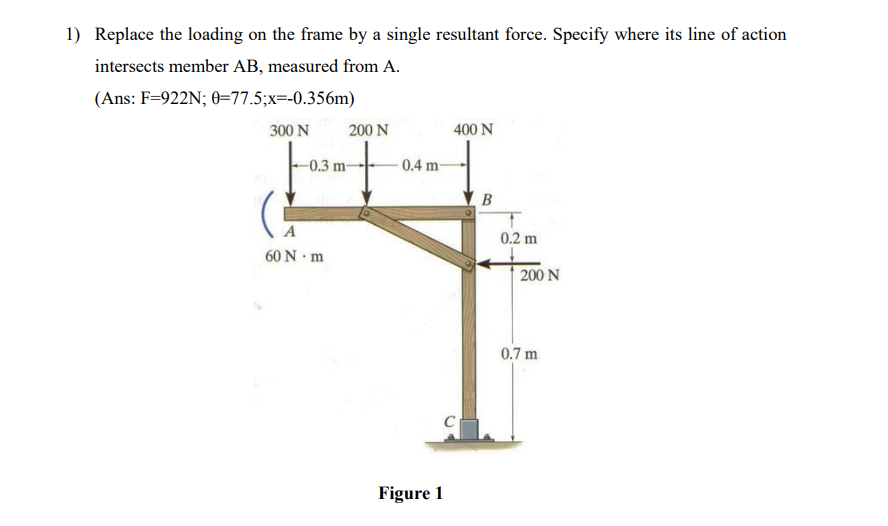 1) Replace the loading on the frame by a single resultant force. Specify where its line of action
intersects member AB, measured from A.
(Ans: F=922N; 0=77.5;x=-0.356m)
300 N
200 N
400 N
-0.3 m-
0.4 m-
В
A
0.2 m
60 N m
| 200 N
0.7 m
Figure 1
