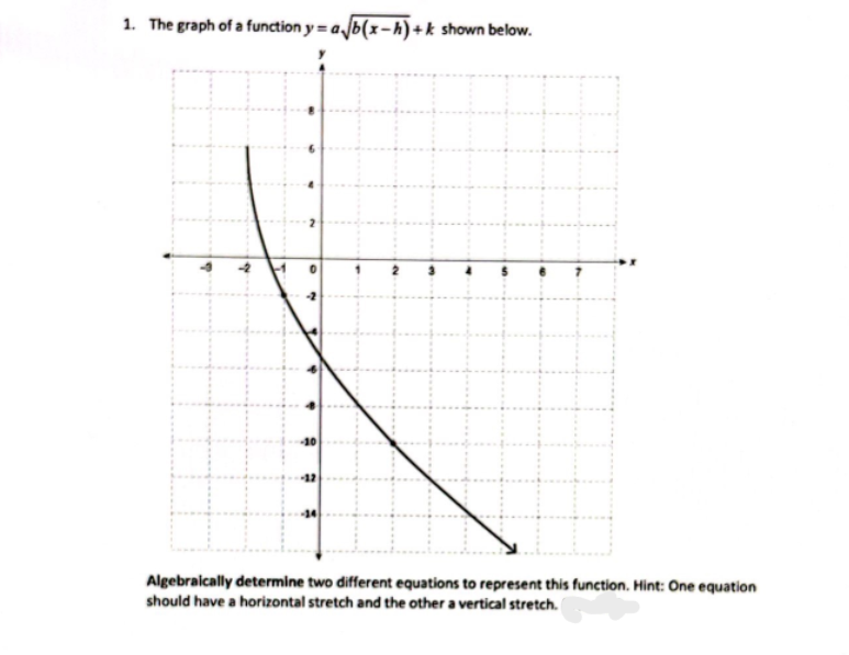 1. The graph of a function y = a b(x-h)+k shown below.
Algebraically determine two different equations to represent this function. Hint: One equation
should have a horizontal stretch and the other a vertical stretch.
