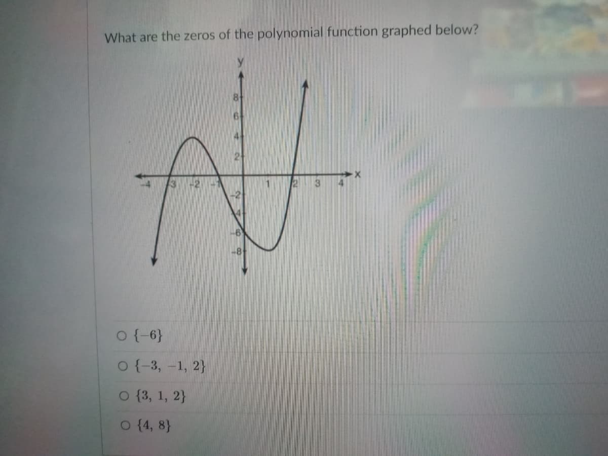 What are the zeros of the polynomial function graphed below?
-8
o {-6}
o {-3, -1, 2}
o {3, 1, 2}
O {4, 8}
