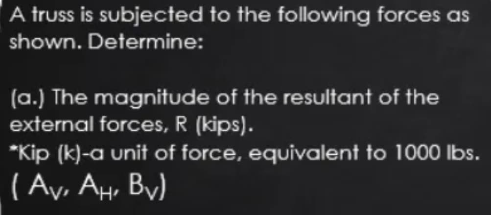 A truss is subjected to the following forces as
shown. Determine:
(a.) The magnitude of the resultant of the
external forces, R (kips).
*Kip (k)-a unit of force, equivalent to 1000O Ibs.
( Ay, AH, By)
