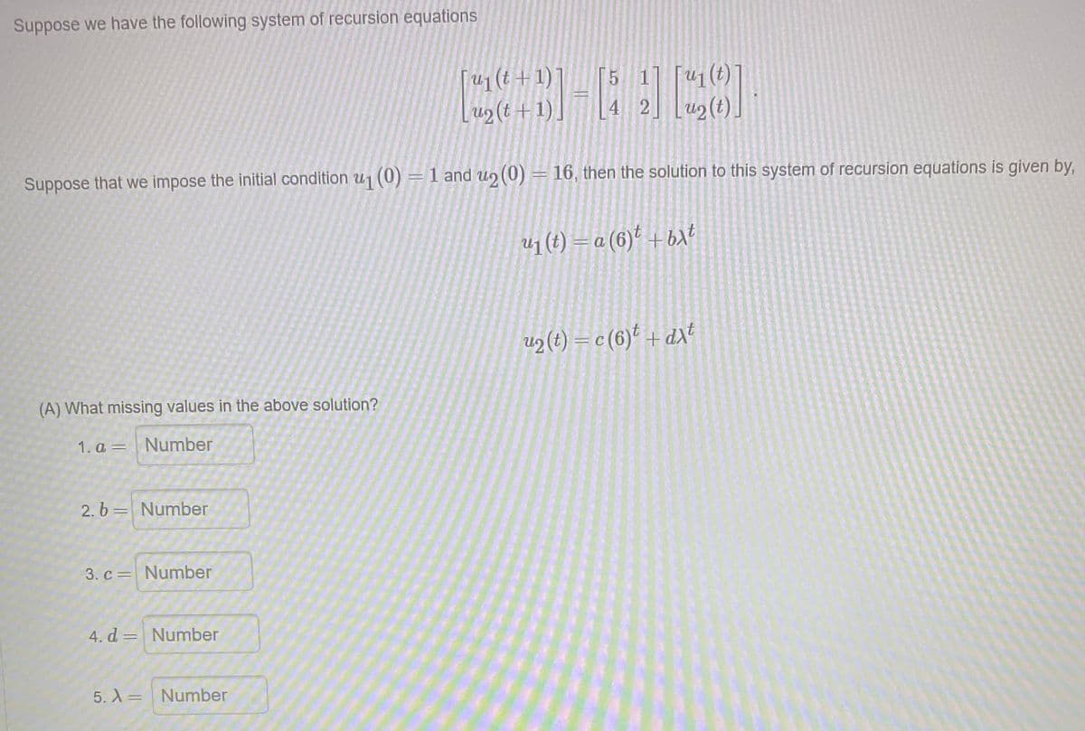 Suppose we have the following system of recursion equations
|"1(t +1)]
[ u2(t+1)]
5 1
4 2 [u2(t)]
Suppose that we impose the initial condition u1 (0) = 1 and uɔ (0) = 16, then the solution to this system of recursion equations is given by,
u1 (t) = a (6)* +bA?
u2 (t) = c (6)* + d\t
(A) What missing values in the above solution?
1. a = Number
2. b = Number
3. c = Number
4. d = Number
%3D
5. A= Number
%3D
