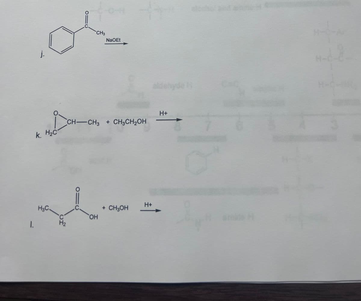 1.
ia
k. H₂C
H3C
C.
C.
CH3
CH-CH3 + CH3CH₂OH
NaOEt
OH
+ CH₂OH
H+
H+
H-