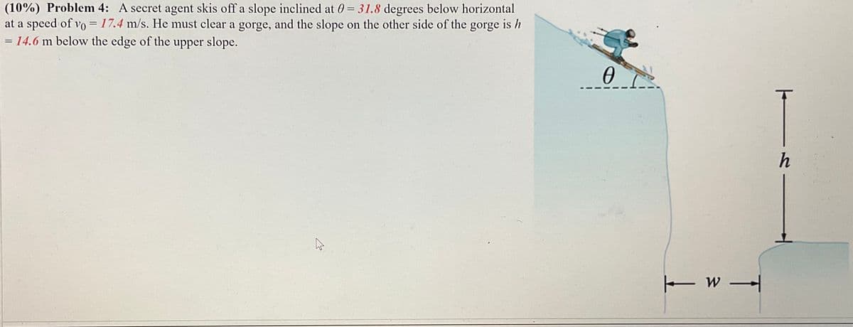 (10%) Problem 4: A secret agent skis off a slope inclined at O = 31.8 degrees below horizontal
at a speed of vo = 17.4 m/s. He must clear a gorge, and the slope on the other side of the gorge is h
= 14.6 m below the edge of the upper slope.
ん
トーW
