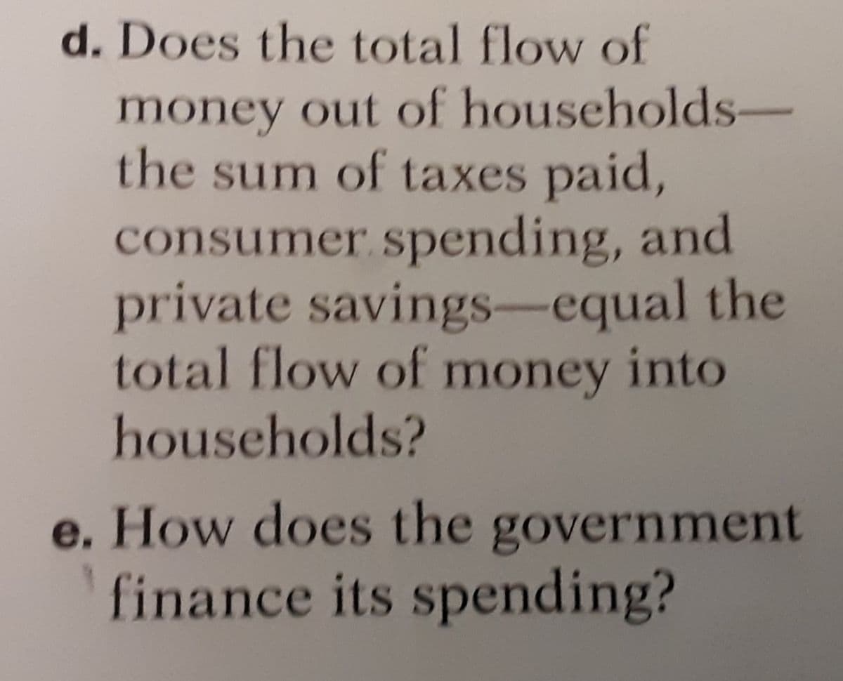 d. Does the total flow of
money out of households-
the sum of taxes paid,
consumer spending, and
private savings-equal the
total flow of money into
households?
e. How does the government
finance its spending?
