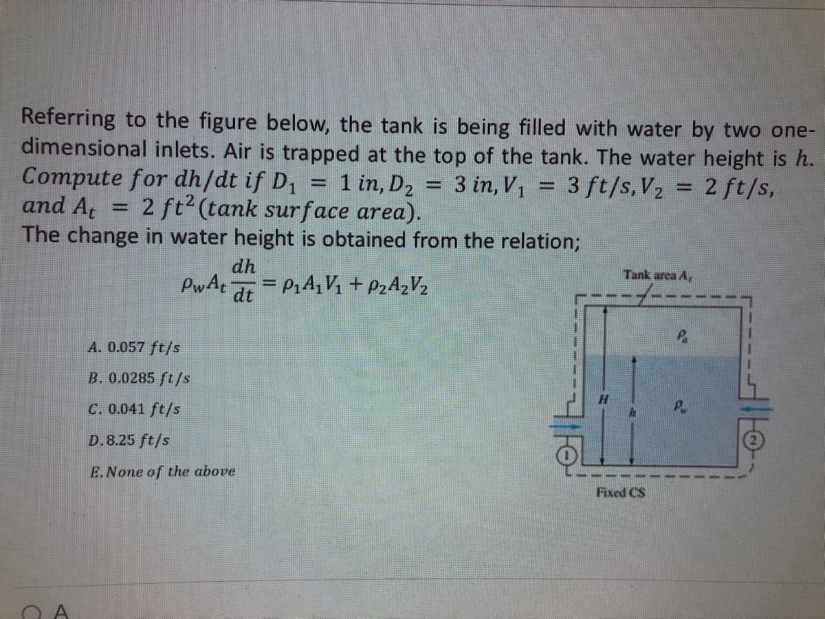 Referring to the figure below, the tank is being filled with water by two one-
dimensional inlets. Air is trapped at the top of the tank. The water height is h.
3 ft/s, V₂ = 2 ft/s,
3 in, V₁
Compute for dh/dt if D₁
and At
1 in, D₂
2 ft2 (tank surface area).
The change in water height is obtained from the relation;
PwAt
A. 0.057 ft/s
B. 0.0285 ft/s
C. 0.041 ft/s
-
dh
dt = P₁A₁V₁ + P₂A₂V₂
D.8.25 ft/s
E. None of the above
Tank area A,
Fixed CS
P