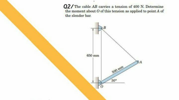 Q2/The cable AB carries a tension of 400 N. Determine
the moment about O of this tension as applied to point A of
the slender bar.
B
650 mm
A
500 mm
30°
