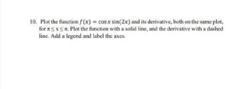 10. Plot the function f(x) = cosx sin(2x) and its derivative, both on the same plot,
for RSXSR. Plot the function with a solid line, and the derivative with a dashed
line. Add a legend and label the axes.
