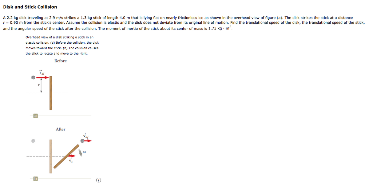 Disk and Stick Collision
A 2.2 kg disk traveling at 2.9 m/s strikes a 1.3 kg stick of length 4.0 m that is lying flat on nearly frictionless ice as shown in the overhead view of figure (a). The disk strikes the stick at a distance
r = 0.90 m from the stick's center. Assume the collision is elastic and the disk does not deviate from its original line of motion. Find the translational speed of the disk, the translational speed of the stick,
and the angular speed of the stick after the collision. The moment of inertia of the stick about its center of mass is 1.73 kg · m2.
Overhead view of a disk striking a stick in an
elastic collision. (a) Before the collision, the disk
moves toward the stick. (b) The collision causes
the stick to rotate and move to the right.
Before
After
b
