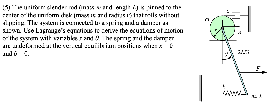 (5) The uniform slender rod (mass m and length L) is pinned to the
center of the uniform disk (mass m and radius r) that rolls without
slipping. The system is connected to a spring and a damper as
shown. Use Lagrange's equations to derive the equations of motion
of the system with variables x and 0. The spring and the damper
are undeformed at the vertical equilibrium positions when x = 0
m
and 0 = 0.
2L/3
F
k
т, L
