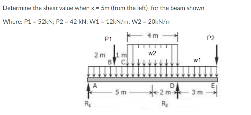 Determine the shear value when x = 5m (from the left) for the beam shown
Where: P1 = 52kN; P2 = 42 kN; W1 = 12kN/m; W2 = 20kN/m
4m
P1
P2
1 m
T
w2
5m
R₁
2m
A
B
D
+2m
-2 m
R₂
w1
3m
E