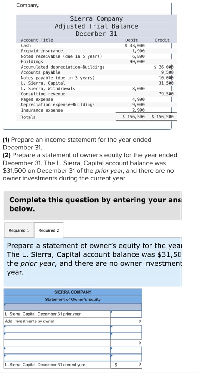 Company.
Sierra Company
Adjusted Trial Balance
December 31
Debit
Credit
Account Title
Cash
$ 33,000
Prepaid insurance
1,900
6,800
Notes receivable (due in 5 years)
Buildings
90,000
$ 26,000
Accumulated depreciation-Buildings
Accounts payable
9,500
Notes payable (due in 3 years)
10,000
L. Sierra, Capital
31,500
L. Sierra, Withdrawals
8,000
Consulting revenue.
79,500
Wages expense
4,900
9,000
Depreciation expense-Buildings
Insurance expense
2,900
Totals
$ 156,500
$ 156,500
(1) Prepare an income statement for the year ended
December 31.
(2) Prepare a statement of owner's equity for the year ended
December 31. The L. Sierra, Capital account balance was
$31,500 on December 31 of the prior year, and there are no
owner investments during the current year.
Complete this question by entering your ans
below.
Required 1 Required 2
Prepare a statement of owner's equity for the year
The L. Sierra, Capital account balance was $31,50
the prior year, and there are no owner investment
year.
SIERRA COMPANY
Statement of Owner's Equity
L. Sierra, Capital, December 31 prior year
Add: Investments by owner
0
0
L. Sierra, Capital, December 31 current year
$
0