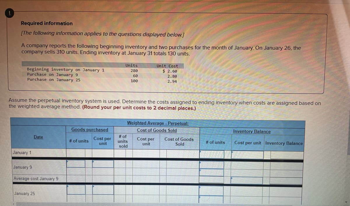 Required information
[The following information applies to the questions displayed below.]
A company reports the following beginning inventory and two purchases for the month of January. On January 26, the
company sells 310 units. Ending inventory at January 31 totals 130 units.
Units
Unit Cost
Beginning inventory on January 1
Purchase on January 9
Purchase on January 25
280
$ 2.60
60
2.80
100
2.94
Assume the perpetual inventory system is used. Determine the costs assigned to ending inventory when costs are assigned based on
the weighted average method. (Round your per unit costs to 2 decimal places.)
Weighted Average - Perpetual:
Cost of Goods Sold
Goods purchased
Inventory Balance
Date
# of
Cost per
unit
Cost per
unit
Cost of Goods
Sold
# of units
units
sold
Cost per unit Inventory Balance
# of units
January 1
January 9
Average cost January 9
January 25
