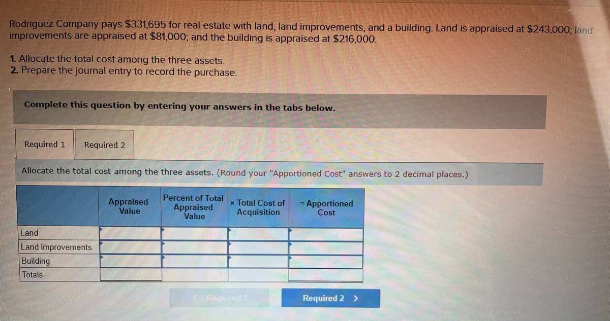 Rodriguez Company pays $331,695 for real estate with land, land improvements, and a building. Land is appraised at $243,000; land
improvements are appraised at $81,000; and the building is appraised at $216,000.
1. Allocate the total cost among the three assets.
2. Prepare the journal entry to record the purchase.
Complete this question by entering your answers in the tabs below.
Required 1 Required 2
Allocate the total cost among the three assets. (Round your "Apportioned Cost" answers to 2 decimal places.)
Appraised
Value
Percent of Total
Appraised
Value
x Total Cost of = Apportioned
Acquisition
Cost
Land
Land improvements
Building
Totals
Required 2 >
Required 1