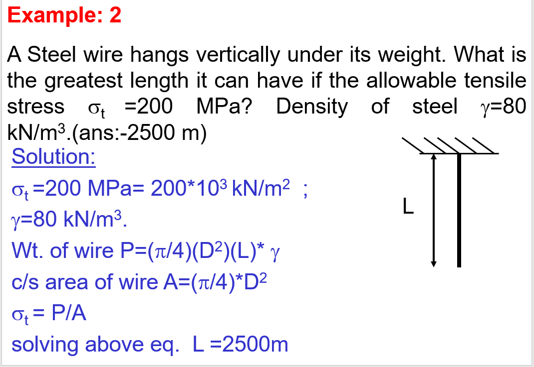 Example: 2
A Steel wire hangs vertically under its weight. What is
the greatest length it can have if the allowable tensile
Density of steel y=80
stress
o, =200 MPa?
kN/m3.(ans:-2500 m)
Solution:
0, =200 MPa= 200*103 kN/m² :
L
y=80 kN/m³.
Wt. of wire P=(t/4)(D²)(L)* y
c/s area of wire A=(t/4)*D²
Of = PIA
solving above eq. L=2500m
