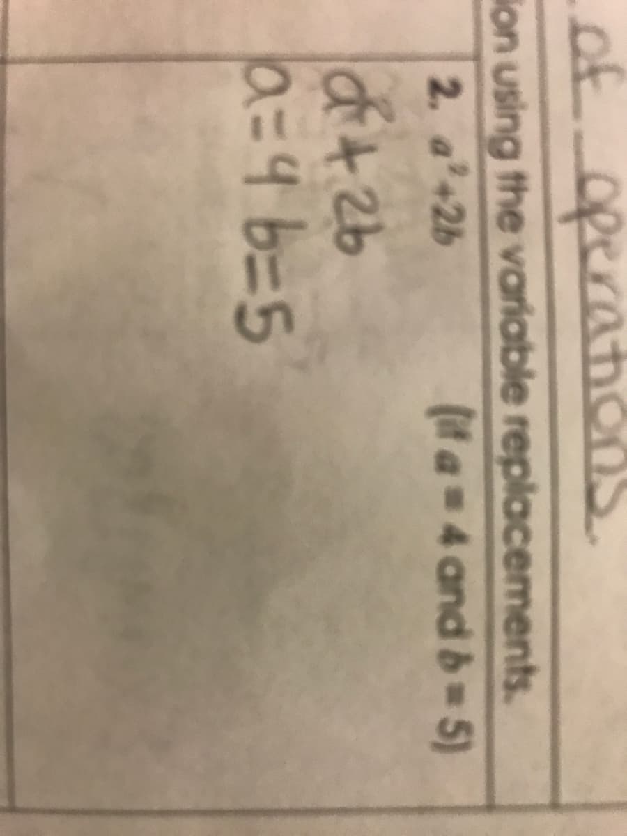 ofopern
atónS.
ion using the varíable replacements.
2. a'+2b
(if a= 4 and b 5)
a=4 b=5
