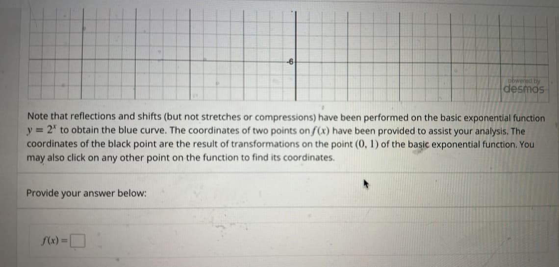 Provide your answer below:
-6
Note that reflections and shifts (but not stretches or compressions) have been performed on the basic exponential function
y = 2* to obtain the blue curve. The coordinates of two points on f(x) have been provided to assist your analysis. The
coordinates of the black point are the result of transformations on the point (0, 1) of the basic exponential function. You
may also click on any other point on the function to find its coordinates.
f(x) =
powered by
desmos