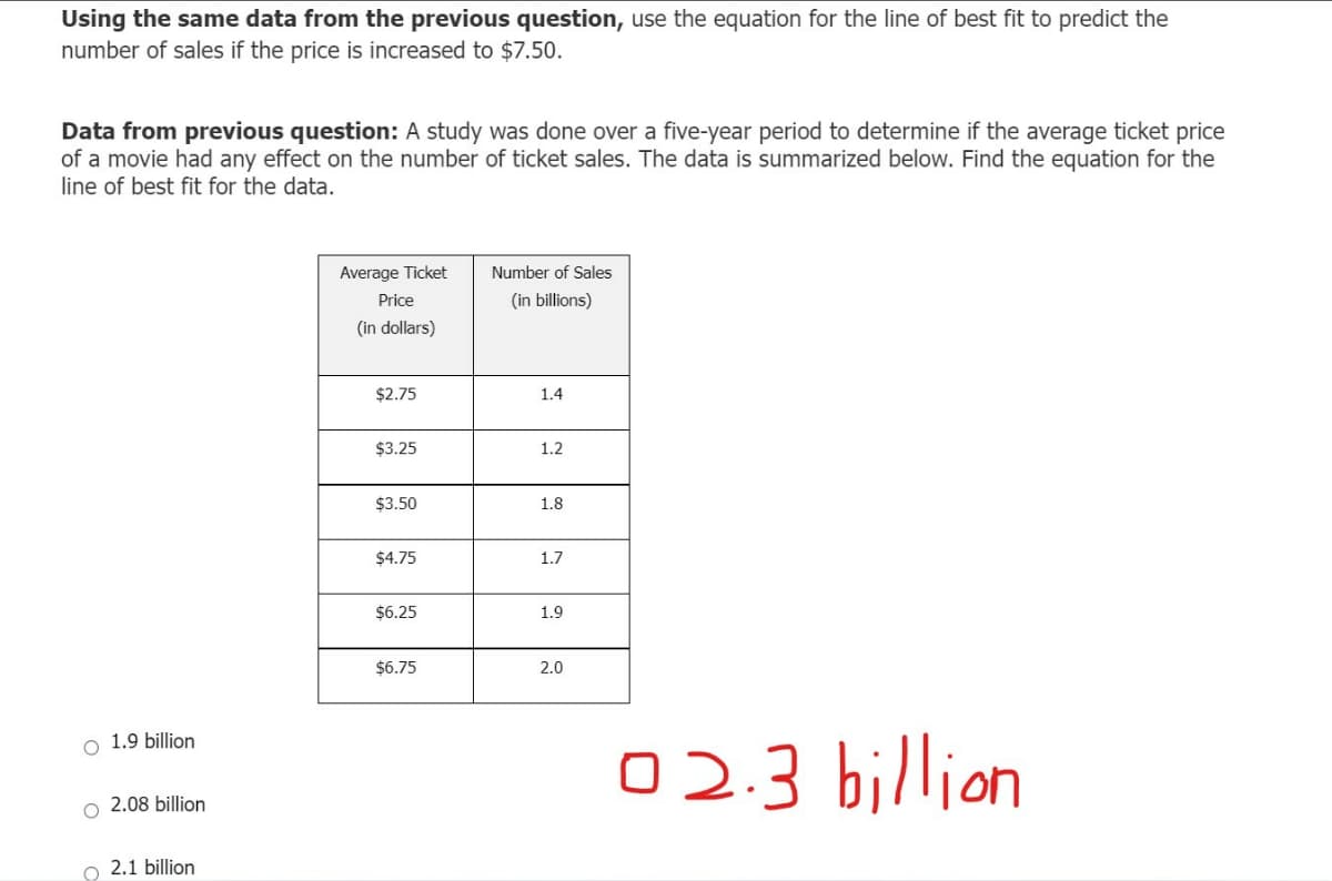 Using the same data from the previous question, use the equation for the line of best fit to predict the
number of sales if the price is increased to $7.50.
Data from previous question: A study was done over a five-year period to determine if the average ticket price
of a movie had any effect on the number of ticket sales. The data is summarized below. Find the equation for the
line of best fit for the data.
Average Ticket
Number of Sales
Price
(in billions)
(in dollars)
$2.75
1.4
$3.25
1.2
$3.50
1.8
$4.75
1.7
$6.25
1.9
$6.75
2.0
O 1.9 billion
02.3 billion
o 2.08 billion
o 2.1 billion
