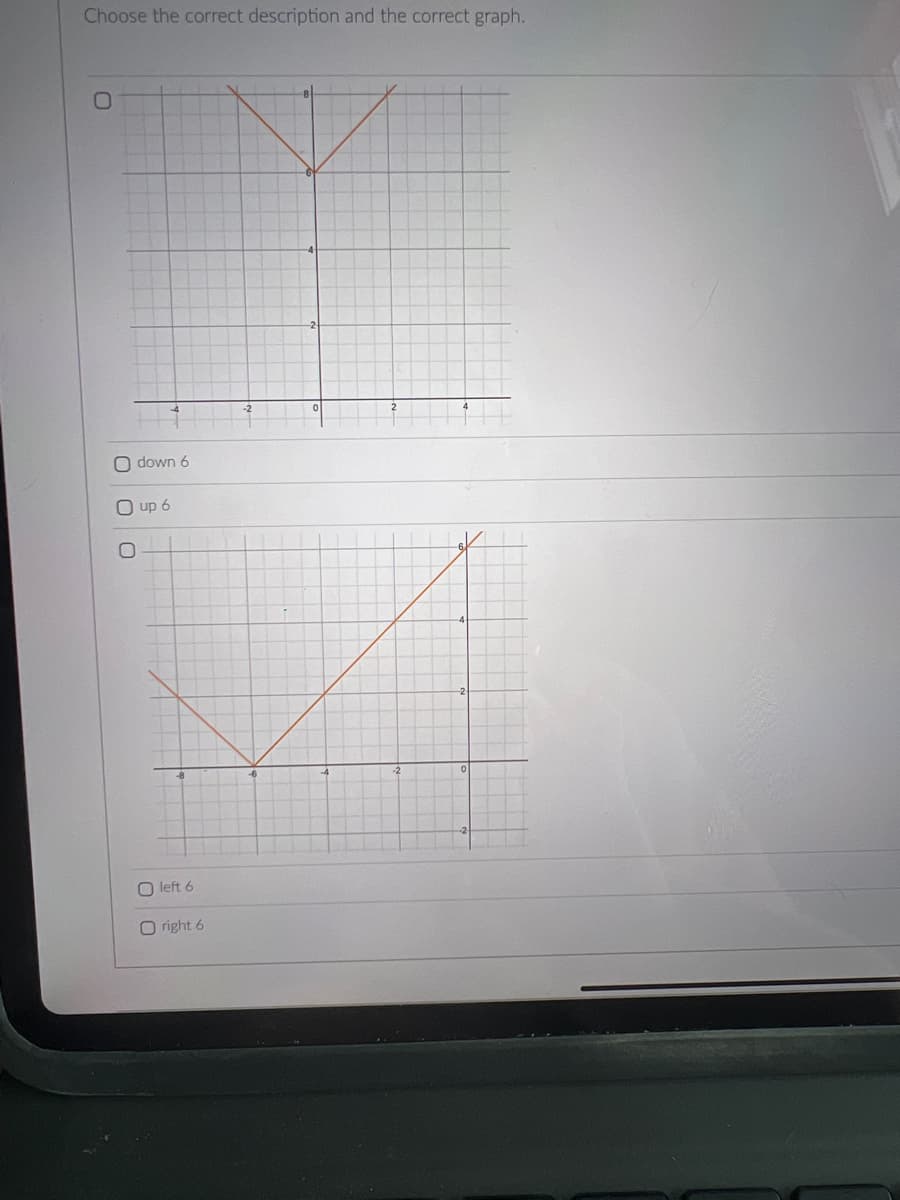 Choose the correct description and the correct graph.
0
O down 6
O up 6
00
left 6
Oright 6