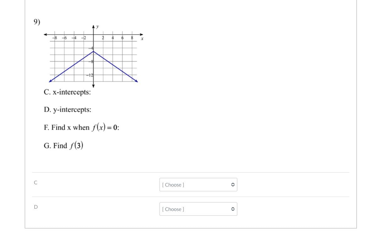 9)
O
-8
-6 -4
-2
-8
-12
C. x-intercepts:
D. y-intercepts:
F. Find x when f(x) = 0:
G. Find f(3)
X
[Choose ]
[Choose ]
<>
<>