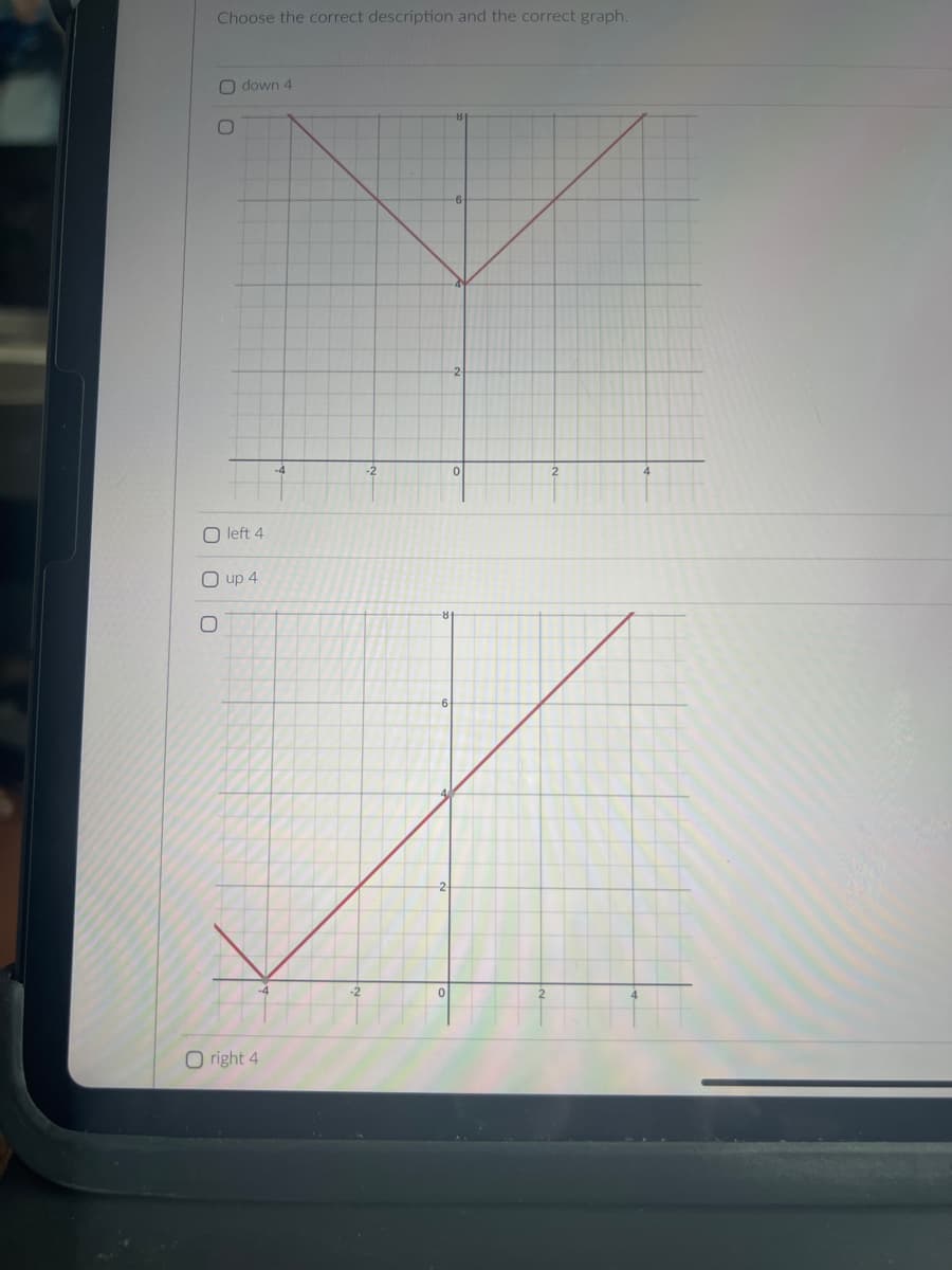 Choose the correct description and the correct graph.
Odown 4
O
Oleft 4
O up 4
O
Oright 4
-2