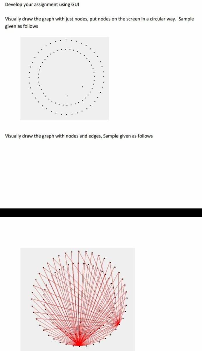 Develop your assignment using GUI
Visually draw the graph with just nodes, put nodes on the screen in a circular way. Sample
given as follows
Visually draw the graph with nodes and edges, Sample given as follows
