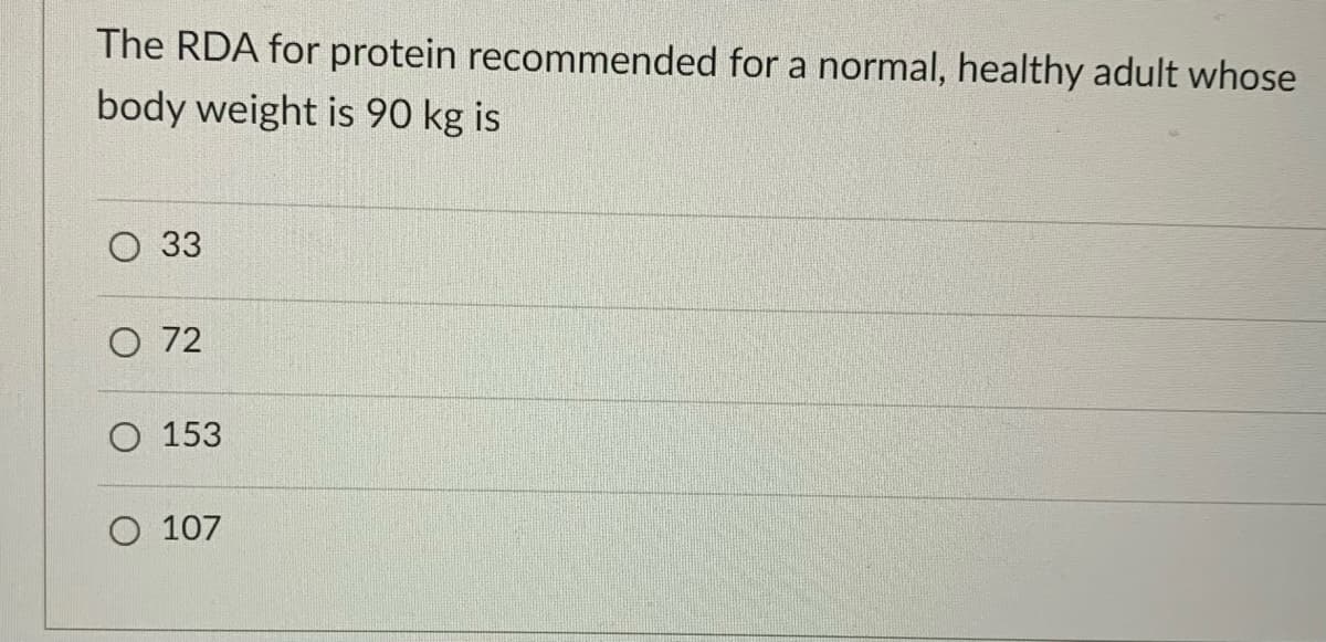 The RDA for protein recommended for a normal, healthy adult whose
body weight is 90 kg is
O 33
O 72
O 153
O 107
