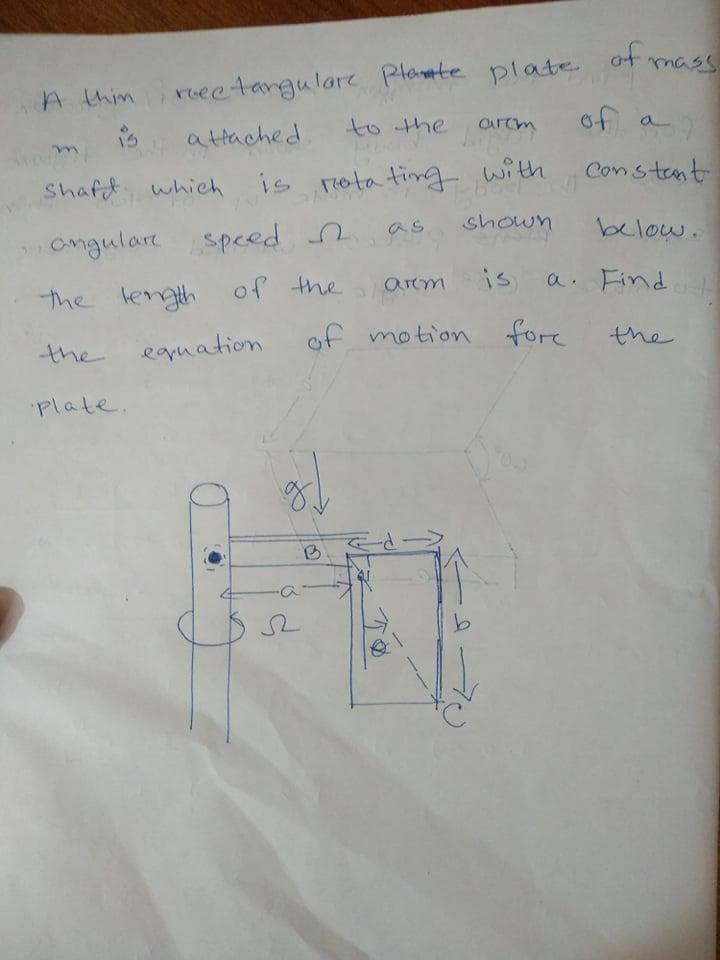 ot mass
A thimr plate
to the
rreetangulare Plante
arcm
of a
attached
Constant
Shafd whieh
is nota tin with
shown
below.
as
Omgulare speed n
arem
is
a. Find
the length of the
of motion fore
the
the
equation
Plate.
