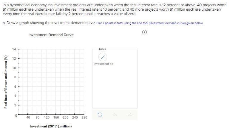 In a hypothetical economy, no Investment projects are undertaken when the real Interest rate is 12 percent or above, 40 projects worth
$1 million each are undertaken when the real Interest rate is 10 percent, and 40 more projects worth $1 million each are undertaken
every time the real interest rate falls by 2 percent until it reaches a value of zero.
a. Draw a graph showing the investment demand curve. Plot 7 points in total using the line tool (investment demand curve) given below.
Real Rate of Return and Interest (%)
14
12
10
8
50
2
0
Investment Demand Curve
40
80 120 160 200 240 280
Investment (2017 $ million)
Tools
investment de