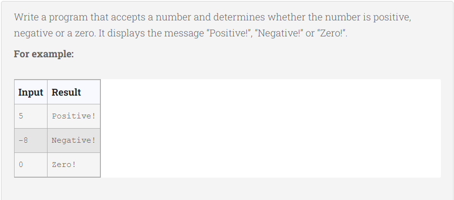 Write a program that accepts a number and determines whether the number is positive,
negative or a zero. It displays the message "Positive!", "Negative!" or "Zero!".
For example:
Input Result
UT
5
-8
0
Positive!
Negative!
Zero!