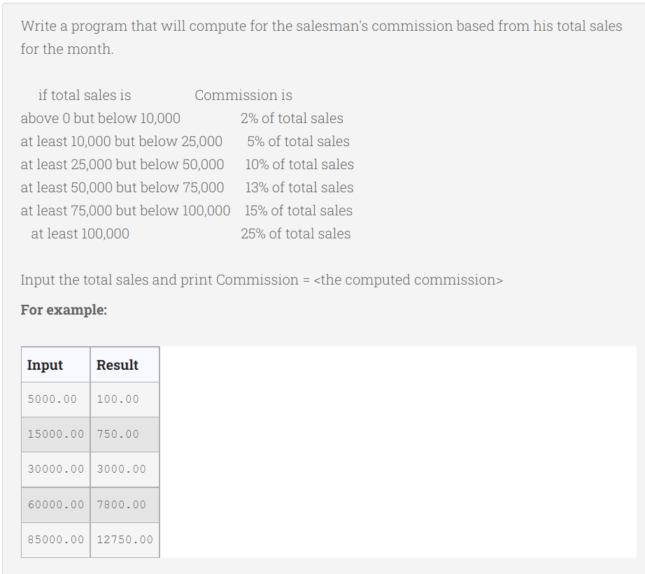 Write a program that will compute for the salesman's commission based from his total sales
for the month.
if total sales is
above 0 but below 10,000
at least 10,000 but below 25,000
at least 25,000 but below 50,000
at least 50,000 but below 75,000
at least 75,000 but below 100,000
at least 100,000
Input Result
Input the total sales and print Commission = <the computed commission>
For example:
5000.00 100.00
15000.00 750.00
30000.00 3000.00
60000.00 7800.00
Commission is
85000.00 12750.00
2% of total sales
5% of total sales
10% of total sales
13% of total sales
15% of total sales
25% of total sales