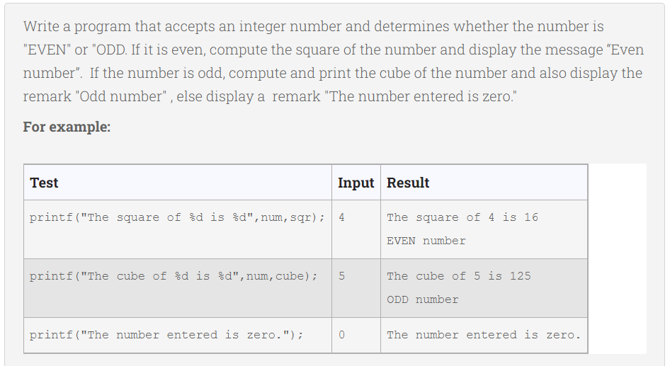 Write a program that accepts an integer number and determines whether the number is
"EVEN" or "ODD. If it is even, compute the square of the number and display the message "Even
number". If the number is odd, compute and print the cube of the number and also display the
remark "Odd number", else display a remark "The number entered is zero."
For example:
Test
Input Result
printf("The square of %d is %d", num, sqr); 4
printf("The cube of %d is %d", num, cube); 5
printf("The number entered is zero.");
The square of 4 is 16
EVEN number
The cube of 5 is 125
ODD number
The number entered is zero.