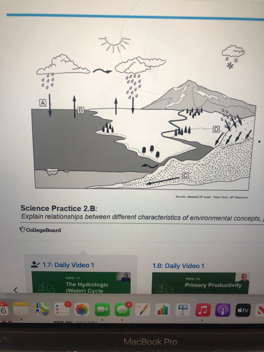 B
Source: released AP exam. Taken from: AP Classroom
Science Practice 2.B:
Explain relationships between different characteristics of environmental concepts,
CollegeBoard
1.7: Daily Video 1
1.8: Daily Video 1
TOPIC 1.7
TOPIC 1.8
The Hydrologic
(Water) Cycle
Primary Productivity
EP
91
étv
ITem No:2017 567
MacBook Pro
