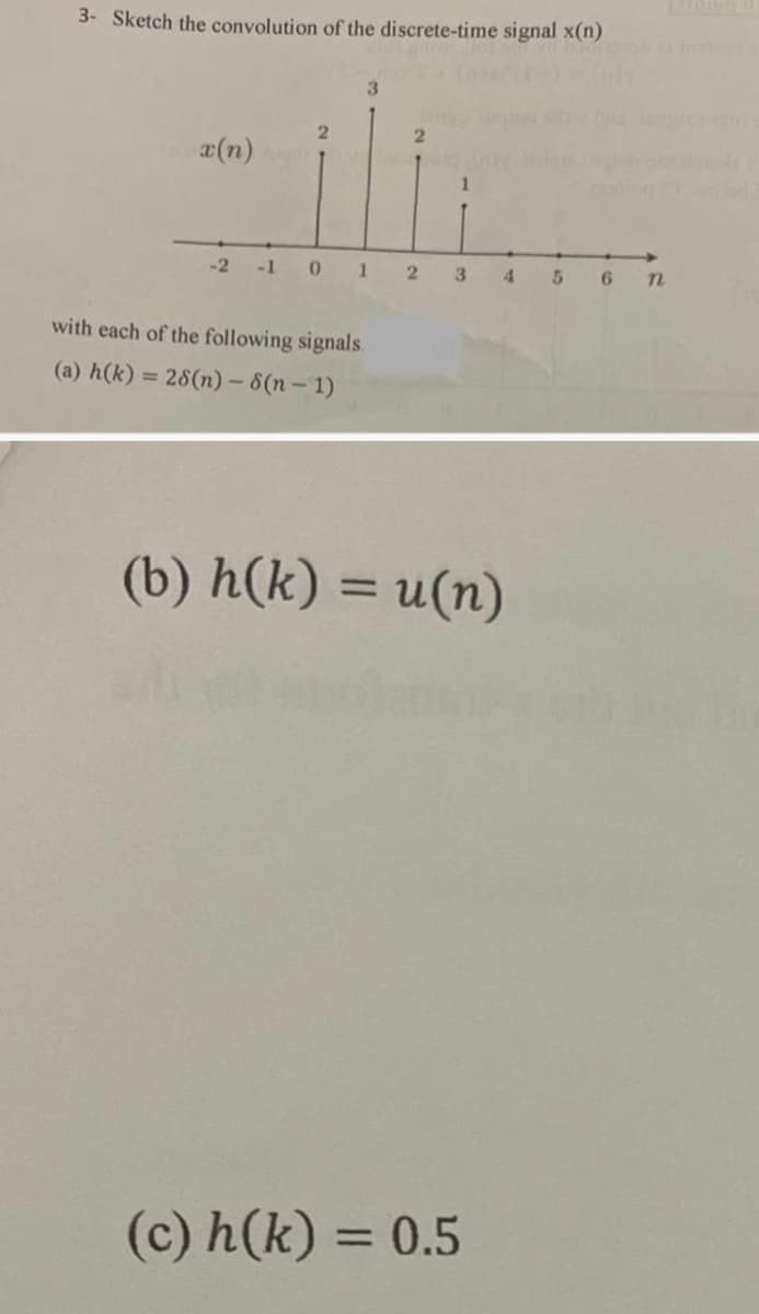 3- Sketch the convolution of the discrete-time signal x(n)
x(n)
2
3
2
-2 -1 0 1 2 3
with each of the following signals.
(a) h(k)= 28(n)-8(n-1)
4
(b) h(k) = u(n)
(c) h(k)= 0.5
batte
5 6 n
