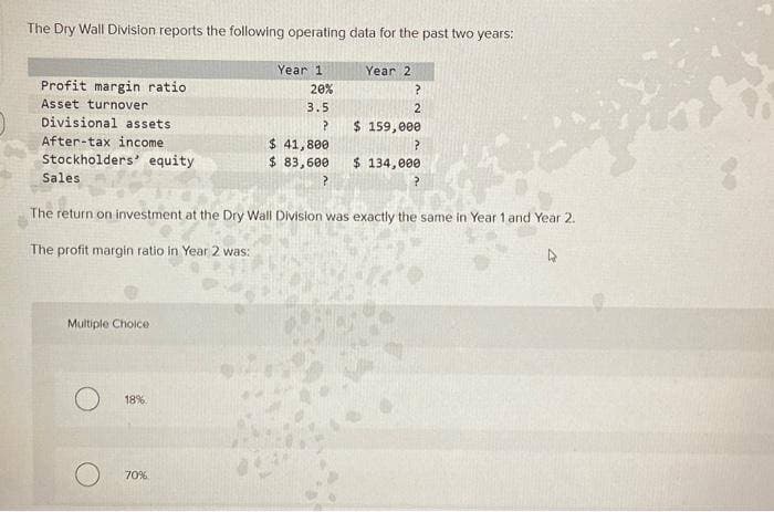 The Dry Wall Division reports the following operating data for the past two years:
Profit margin ratio
Asset turnover
Divisional assets
After-tax income
Stockholders' equity
Sales
Multiple Choice
18%.
Year 1
70%
20%
3.5
?
Year 2
?
2
The return on investment at the Dry Wall Division was exactly the same in Year 1 and Year 2.
The profit margin ratio in Year 2 was:
4
$ 159,000
$ 41,800
?
$ 83,600 $ 134,000
?
Ya