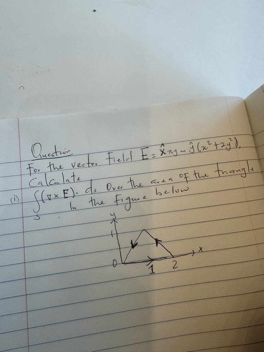 Question
For the vector Field E = ☆ny - ŷ (x² + 2y²),
Calculate
As
(1) f(xxE). Is Over the area of the thangle
In the figure
below
1
2
x