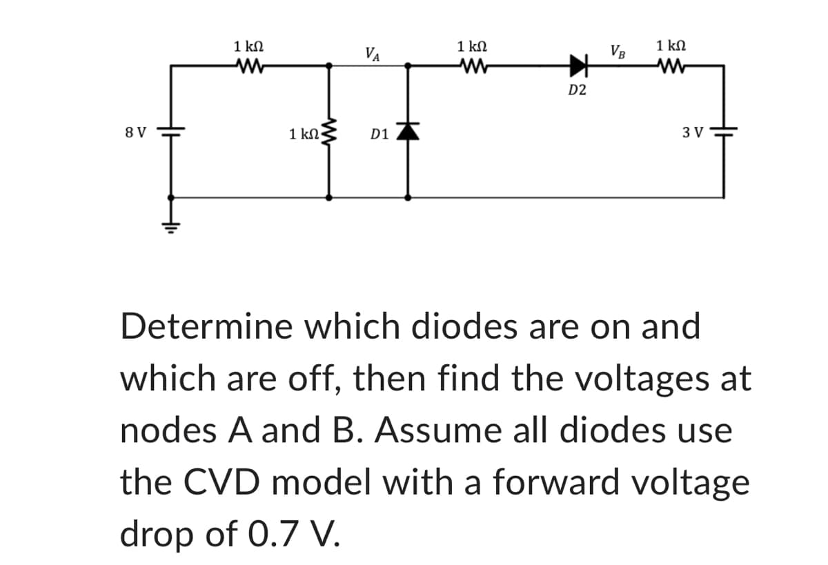 8 V
1 ΚΩ
www
1 ΚΩ
VA
D1
1 ΚΩ
www
D2
VB
1 ΚΩ
3 V
Determine which diodes are on and
which are off, then find the voltages at
nodes A and B. Assume all diodes use
the CVD model with a forward voltage
drop of 0.7 V.