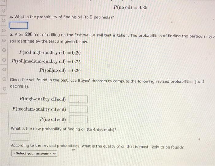 P(no oil) = 0.35
a. What is the probability of finding oil (to 2 decimals)?
b. After 200 feet of drilling on the first well, a soil test is taken. The probabilities of finding the particular typ
soil identified by the test are given below.
P(soilhigh-quality oil) = 0.20
P(soil medium-quality oil) = 0.75
P(soil no oil) = 0.20
Given the soil found in the test, use Bayes' theorem to compute the following revised probabilities (to 4
decimals).
P(high-quality oil soil)
P(medium-quality oil|soil)
P(no oil|soil)
What is the new probability of finding oil (to 4 decimals)?.
According to the revised probabilities, what is the quality of oil that is most likely to be found?
- Select your answer-
