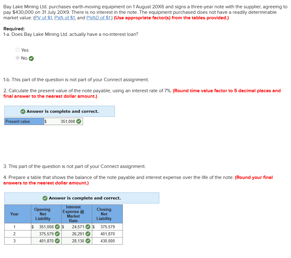 Bay Lake Mining Ltd. purchases earth-moving equipment on 1 August 20X6 and signs a three-year note with the supplier, agreeing to
pay $430,000 on 31 July 20X9. There is no interest in the note. The equipment purchased does not have a readily determinable
market value. (PV of $1, PVA of $1, and PVAD of $1.) (Use appropriate factor(s) from the tables provided.)
Required:
1-a. Does Bay Lake Mining Ltd. actually have a no-interest loan?
1-b. This part of the question is not part of your Connect assignment.
2. Calculate the present value of the note payable, using an interest rate of 7%. (Round time value factor to 5 decimal places and
final answer to the nearest dollar amount.)
Yes
No
Present value
Year
1
2
3
Answer is complete and correct.
$
3. This part of the question is not part of your Connect assignment.
4. Prepare a table that shows the balance of the note payable and interest expense over the life of the note. (Round your final
answers to the nearest dollar amount.)
لنا
351,008
Answer is complete and correct.
Interest
Expense @
Market
Rate
Opening
Net
Liability
$ 351,008
375,579
401,870
$
24,571
26,291
28,130
Closing
Net
Liability
$ 375,579
401,870
430,000