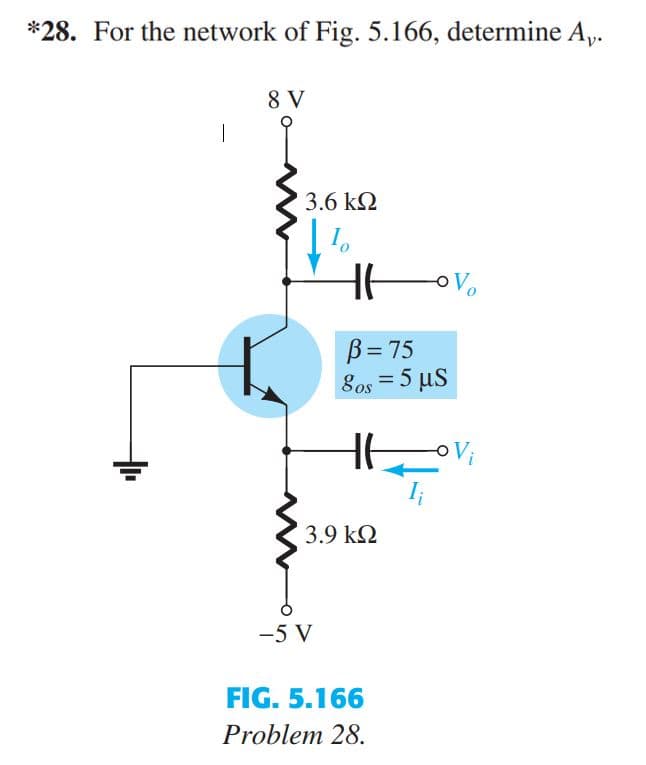 *28. For the network of Fig. 5.166, determine A,.
8 V
3.6 ΚΩ
To
Hovo
B=75
80s= 5 µs
HH
3.9 ΚΩ
-5 V
FIG. 5.166
Problem 28.
-o Vi