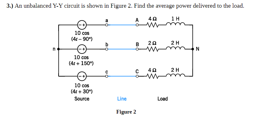 3.) An unbalanced Y-Y circuit is shown in Figure 2. Find the average power delivered to the load.
4Ω
n
10 cos
(4t-90°)
10 cos
(4t + 150°)
10 cos
(4t+30°)
Source
a
b
с
Line
A
B
C
Figure 2
2Ω
4Ω
Load
1 H
2 H
2 H
N