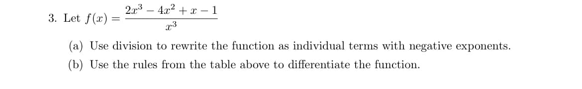 3. Let f(x)
=
2x³ 4x² + x − 1
73
(a) Use division to rewrite the function as individual terms with negative exponents.
(b) Use the rules from the table above to differentiate the function.