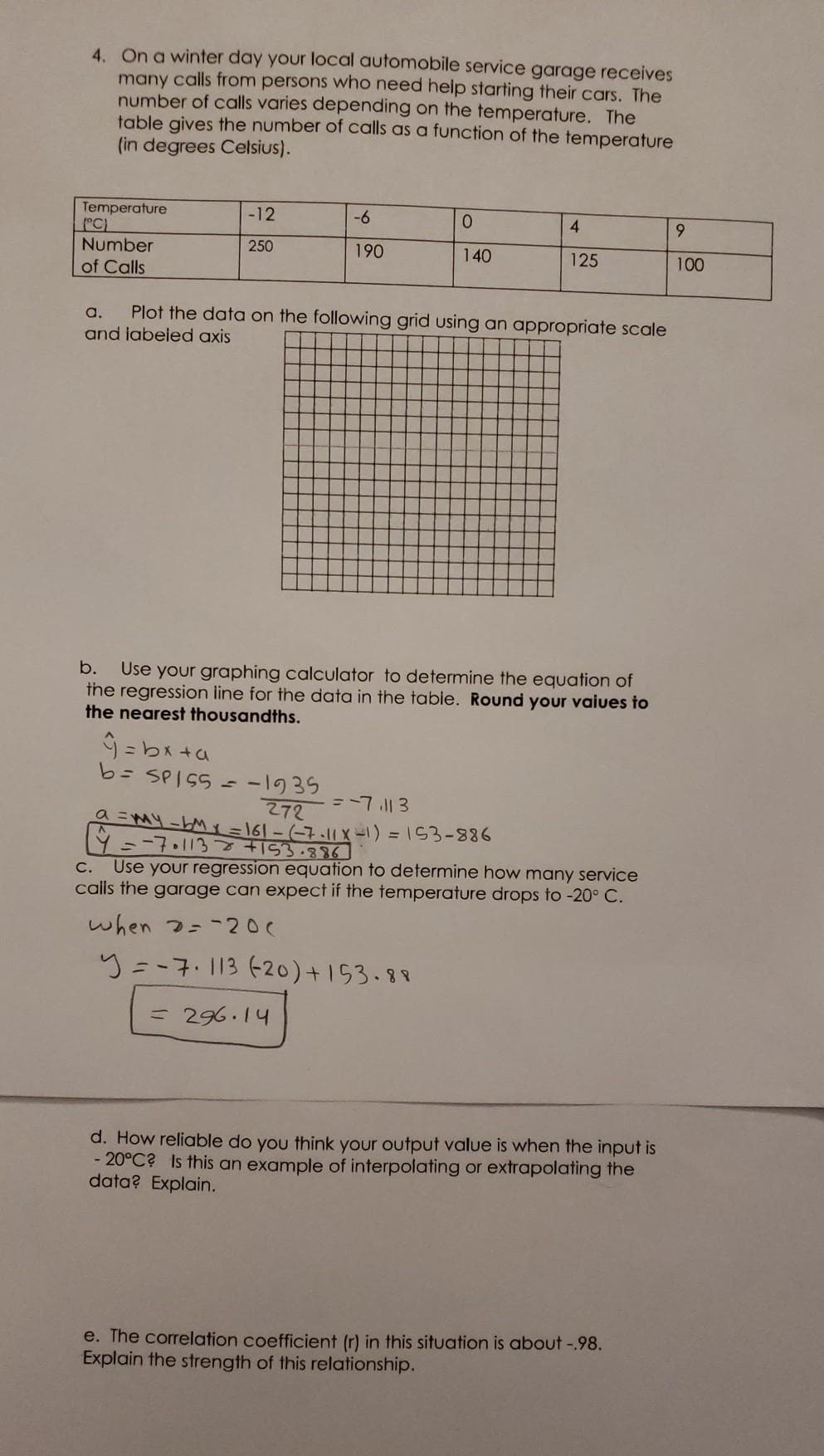 4. On a winter day your local automobile service garage receives
many calls from persons who need help starting their cars. The
number of calls varies depending on the temperature. The
table gives the number of calls as a function of the temperature
(in degrees Celsius).
Temperature
(°C)
Number
-12
-9-
0.
4
9.
250
190
140
125
100
of Calls
Plot the data on the following grid using an appropriate scale
and iabeled axis
a.
b.
Use your graphing calculator to determine the equation of
the regression line for the data in the tabie. Round your vaiues to
the nearest thousandths.
9 = bx +a
b= SPISS = -1935
272
=-7 || 3
a=M4-M =161 - (-711x-1) = 153-886
C. Use your regression equation to determine how many service
calls the garage can expect if the temperature drops to -20° C.
when 2=-200
y=-7.113 (20)+153.88
= 296.14
d. How reliable do you think your output value is when the input is
- 20°C? Is this an example of interpolating or extrapolating the
data? Explain.
e. The correlation coefficient (r) in this situation is about-.98.
Explain the strength of this relationship.
