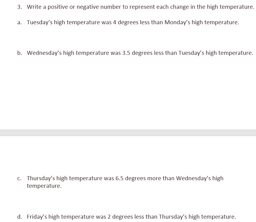 3. Write a positive or negative number to represent each change in the high temperature.
a. Tuesday's high temperature was 4 degrees less than Monday's high temperature.
b. Wednesday's high temperature was 3.5 degrees less than Tuesday's high temperature.
c. Thursday's high temperature was 6.5 degrees more than Wednesday's high
temperature.
d. Friday's high temperature was 2 degrees less than Thursday's high temperature.
