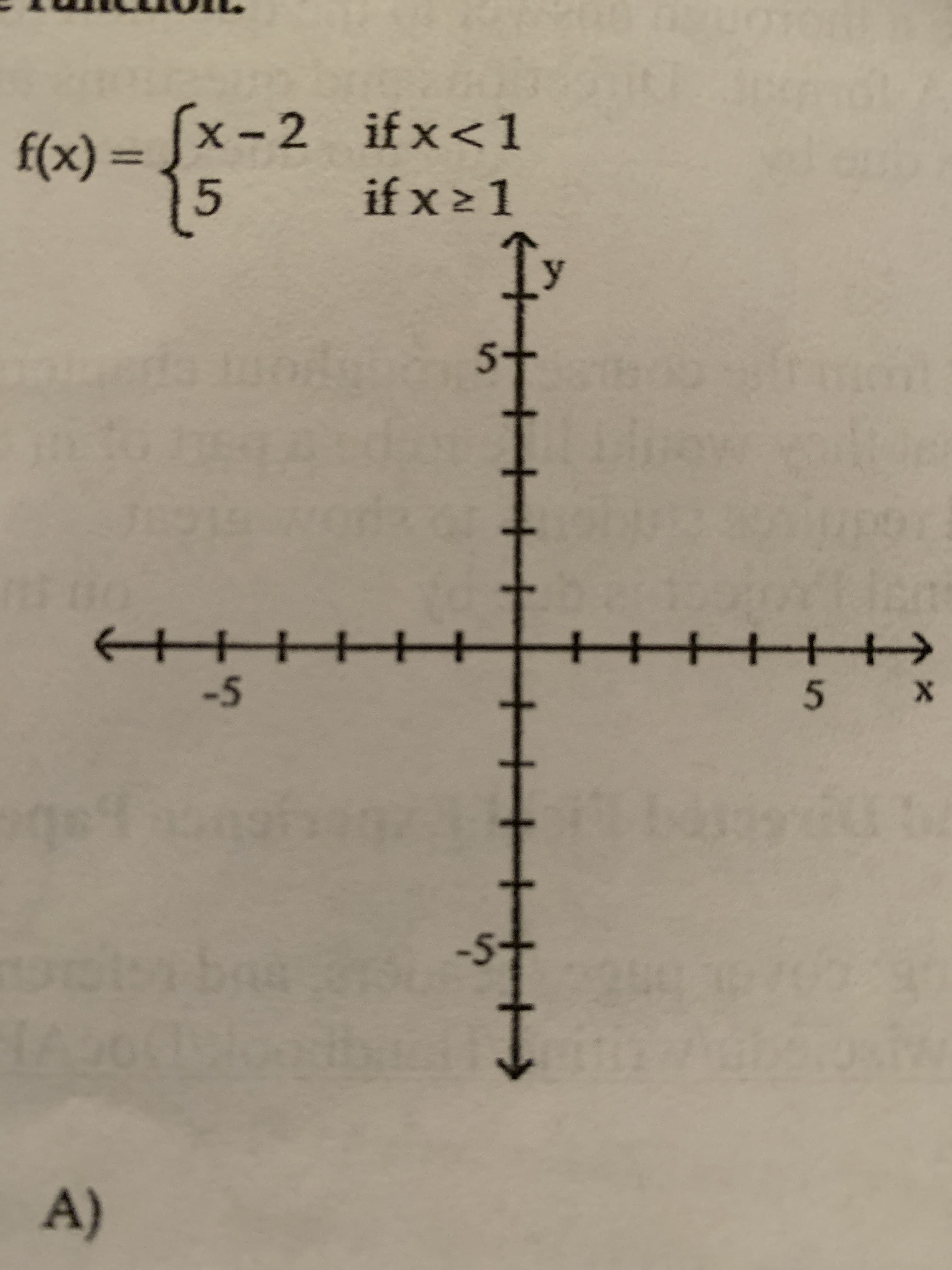 (x- 2 ifx<1
if x > 1
f(x) =
%3D
5+
++++ ++
-5
+++++>
A)
