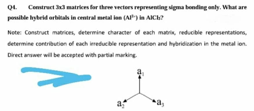 Q4.
Construct 3x3 matrices for three vectors representing sigma bonding only. What are
possible hybrid orbitals in central metal ion (A) in AIC3?
Note: Construct matrices, determine character of each matrix, reducible representations,
determine contribution of each irreducible representation and hybridization in the metal ion.
Direct answer will be accepted with partial marking.
a,
a
