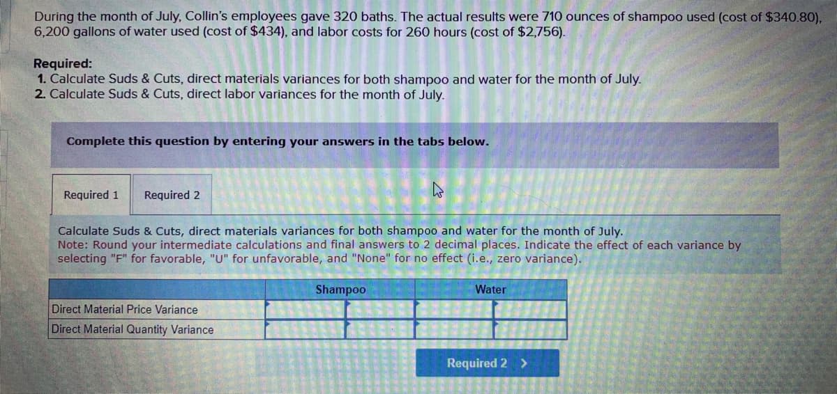 During the month of July, Collin's employees gave 320 baths. The actual results were 710 ounces of shampoo used (cost of $340.80),
6,200 gallons of water used (cost of $434), and labor costs for 260 hours (cost of $2,756).
Required:
1. Calculate Suds & Cuts, direct materials variances for both shampoo and water for the month of July.
2. Calculate Suds & Cuts, direct labor variances for the month of July.
Complete this question by entering your answers in the tabs below.
Required 1 Required 2
Calculate Suds & Cuts, direct materials variances for both shampoo and water for the month of July.
Note: Round your intermediate calculations and final answers to 2 decimal places. Indicate the effect of each variance by
selecting "F" for favorable, "U" for unfavorable, and "None" for no effect (i.e., zero variance).
Shampoo
Direct Material Price Variance
Direct Material Quantity Variance
Water
Required 2 >