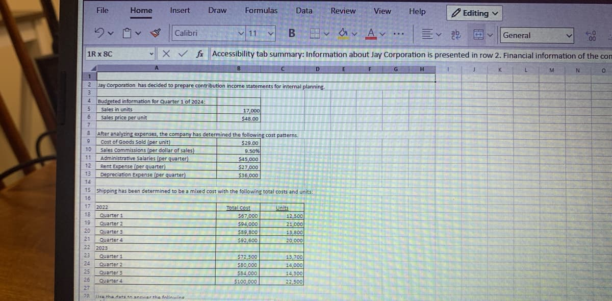 1R x 8C
3
4
5
6
=
7
-
8
=
9
10
11
12
13
7
14
2
File
16
Dv
23
1
2
Jay Corporation has decided to prepare contribution income statements for internal planning.
77
17 2022
18
19
20
21
22
Home
v
A
Quarter 1
Quarter 2
Quarter 3
Quarter 4
Review View Help
✓11 v B
EA ... Ev ab
X✓ fx Accessibility tab summary: Information about Jay Corporation is presented in row 2. Financial information of the com
F
K
N
Budgeted information for Quarter 1 of 2024:
Sales in units
Sales price per unit
2023
Insert
Quarter 1
Quarter 2
Quarter 3
Quarter 4
Calibri
Rent Expense (per quarter)
Depreciation Expense (per quarter)
Draw
-
15 Shipping has been determined to be a mixed cost with the following total costs and units:
→
B
After analyzing expenses, the company has determined the following cost patterns.
Cost of Goods Sold (per unit)
$29.00
Sales Commissions (per dollar of sales)
9.50%
Administrative Salaries (per quarter)
$45,000
$27,000
$36,000
Formulas
24
25
25
26
27
28 use the data to answer the following
17,000
$48.00
C
Total Cost
$67,000
$94,000
$89,800
$92,600
M
Data
$72,500
$80,000
$84,000
$100,000
Units
12,500
21,000
13,800
20,000
D
13,700
14,000
14,300
22,500
E
G
H
Editing ✓
General
L
M
-0
.00
0