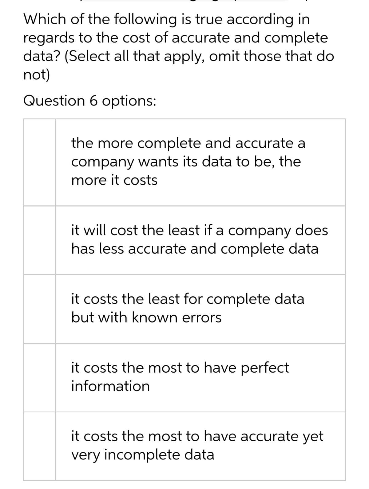 Which of the following is true according in
regards to the cost of accurate and complete
data? (Select all that apply, omit those that do
not)
Question 6 options:
the more complete and accurate a
company wants its data to be, the
more it costs
it will cost the least if a company does
has less accurate and complete data
it costs the least for complete data
but with known errors
it costs the most to have perfect
information
it costs the most to have accurate yet
very incomplete data
